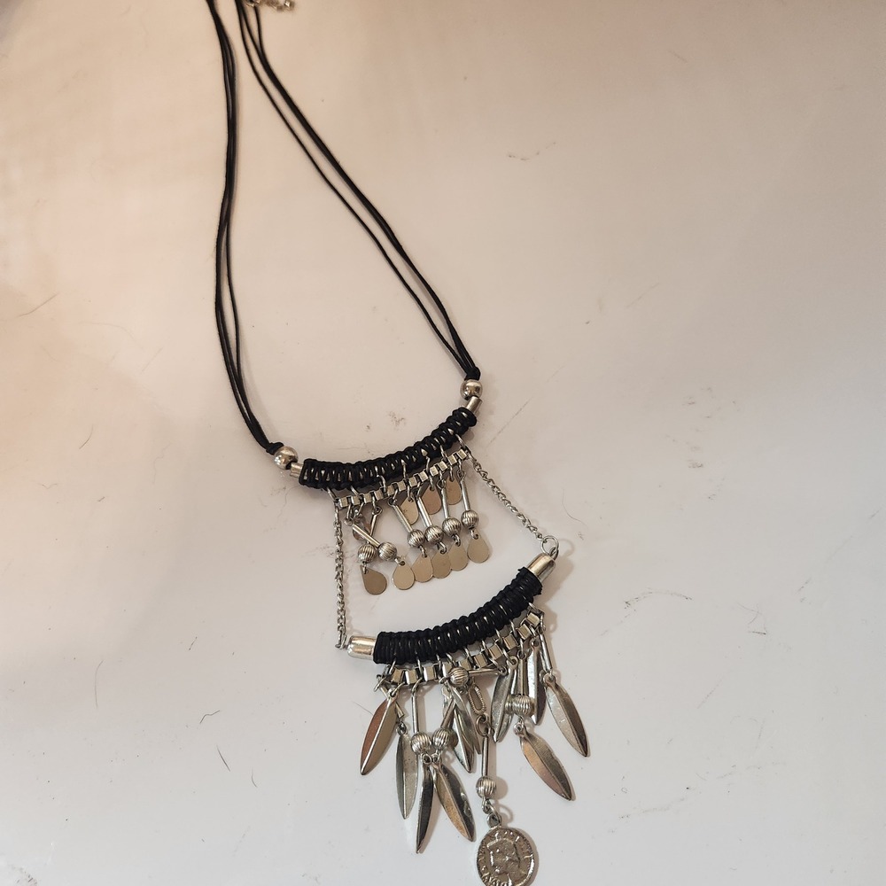 Boho Silver Tone Tiered Statement Necklace Black Cord Coin Leaf Charms Tribal